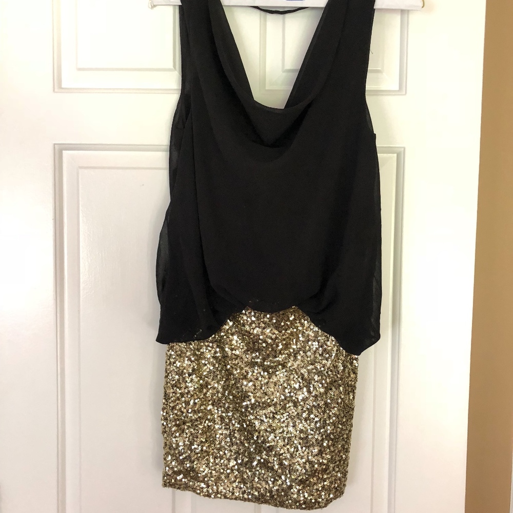 Black with Gold Sequin Open Back Dress (NWOT)